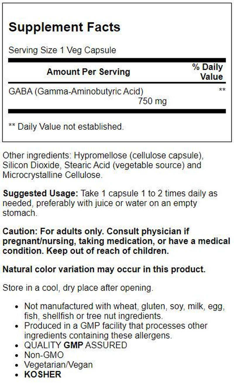 NOW Supplements, GABA (Gamma-Aminobutyric Acid) 750Mg, Neurotransmitter Support*, 100 Veg Capsules