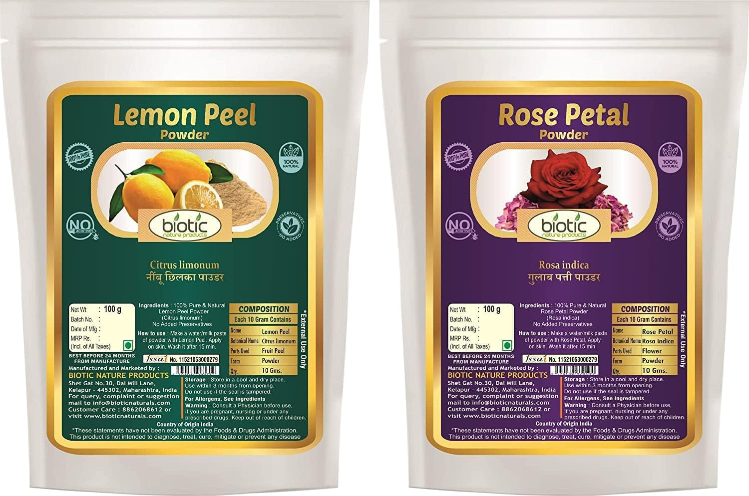 Veena Biotic Lemon Peel Powder and Rose Petal Powder (100G Each) - 200 GMS