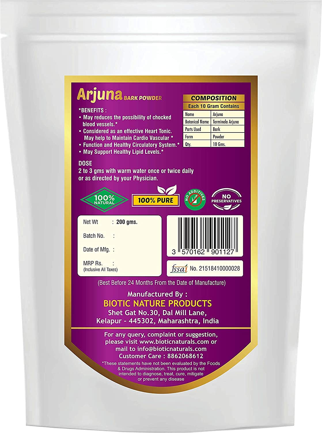 XLO Biotic Natural Arjuna Bark Powder (Terminalia Arjuna) - 200 G. | Herbal Powder for the Heart