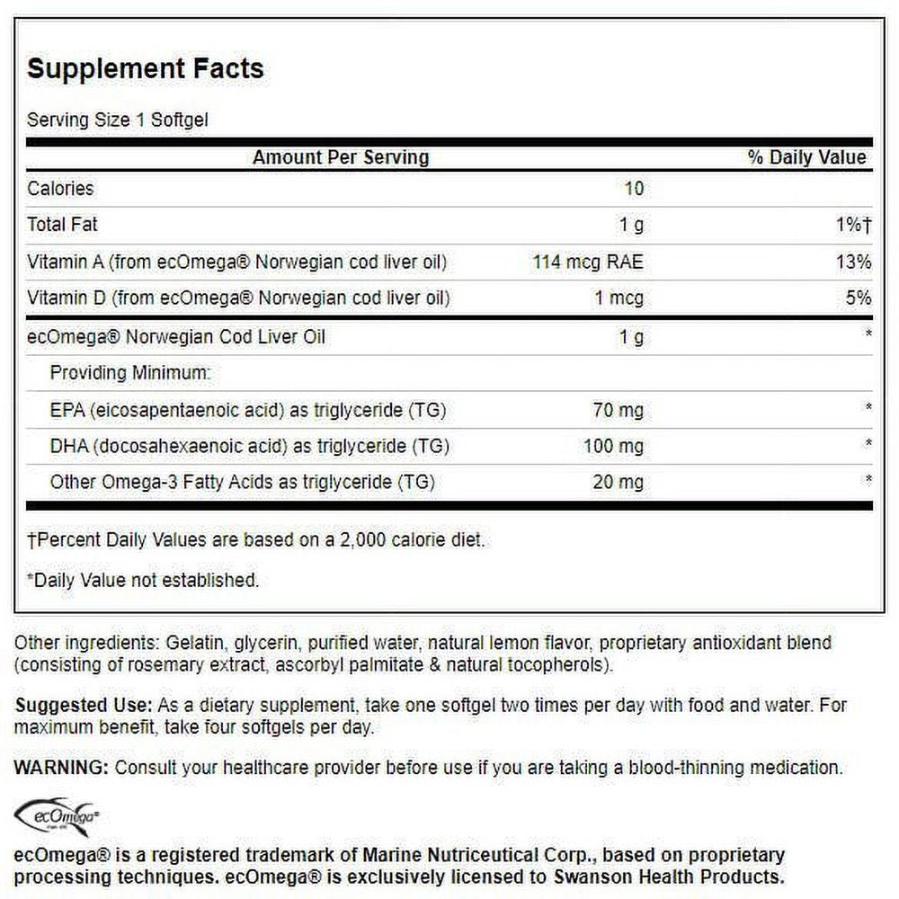 Swanson Pristine Norwegian Cod Liver Oil 1 G 60 Softgels