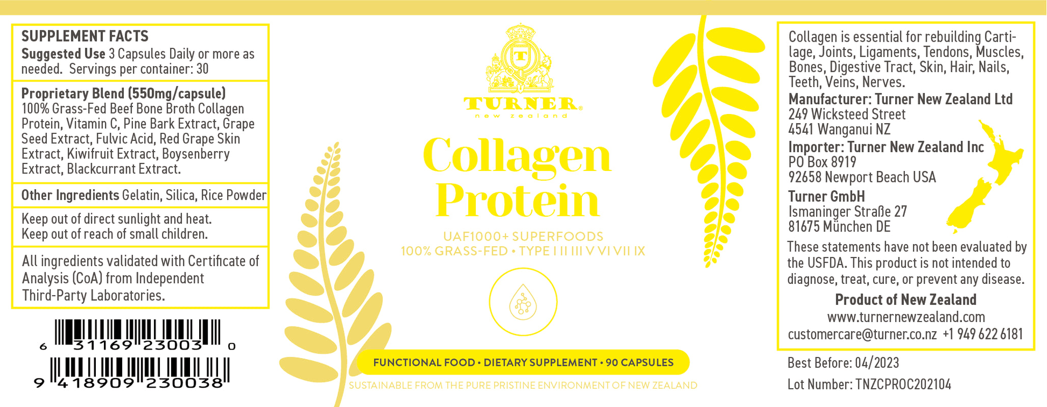 TURNER New Zealand Grass-Fed Collagen Protein Supplement for Skin, Hair & Nail, 90 Capsules