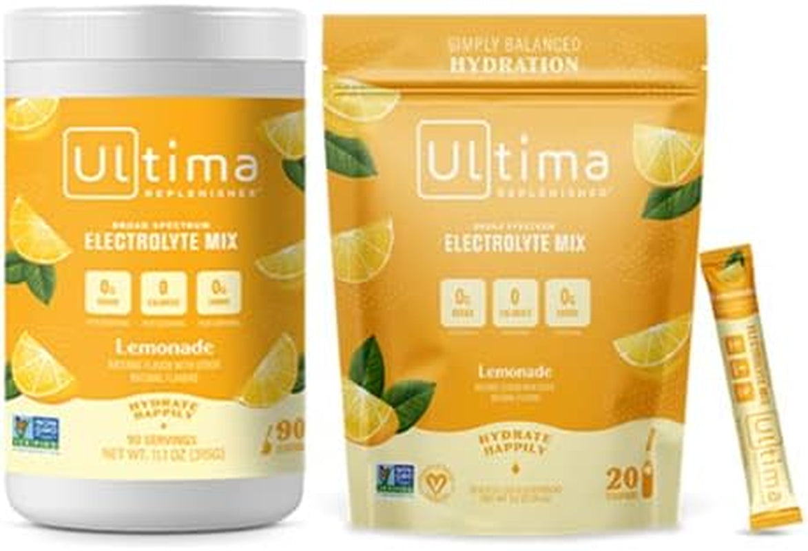 Ultima Replenisher Hydration Electrolyte Powder- Keto & Sugar Free- at Home & on the Go Convenience Bundle- Feel Replenished, Revitalized- Lemonade, 90 Serving Canister & 20 Serving Stickpack