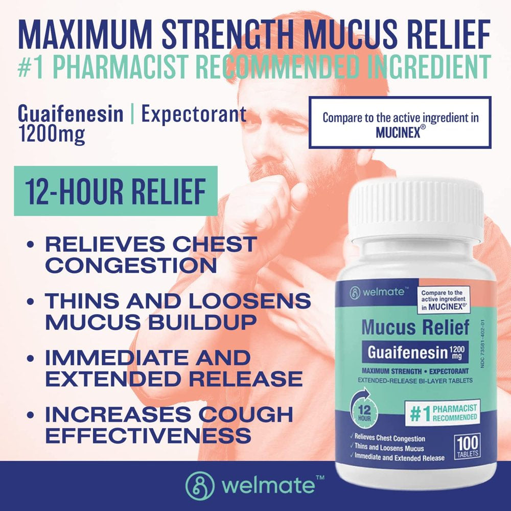 Welmate Mucus Relief - Guaifenesin 1200 Mg Maximum Strength - 100 Count Extended-Release Tablets