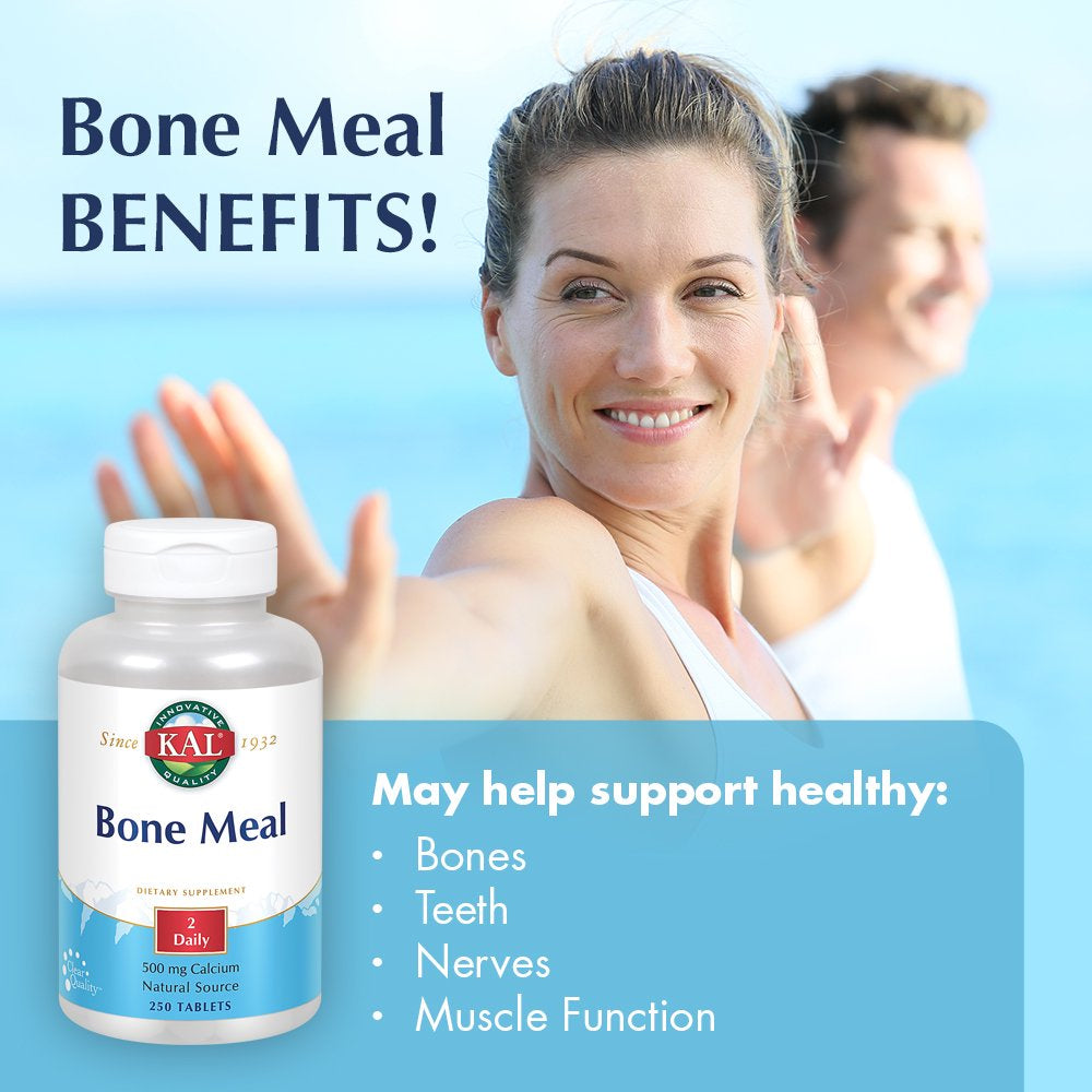 KAL Bone Meal Tablets | Great Source of Calcium & Other Key Minerals | Healthy Bones, Teeth, Nerves, Muscular Function Support | 250 Tablets