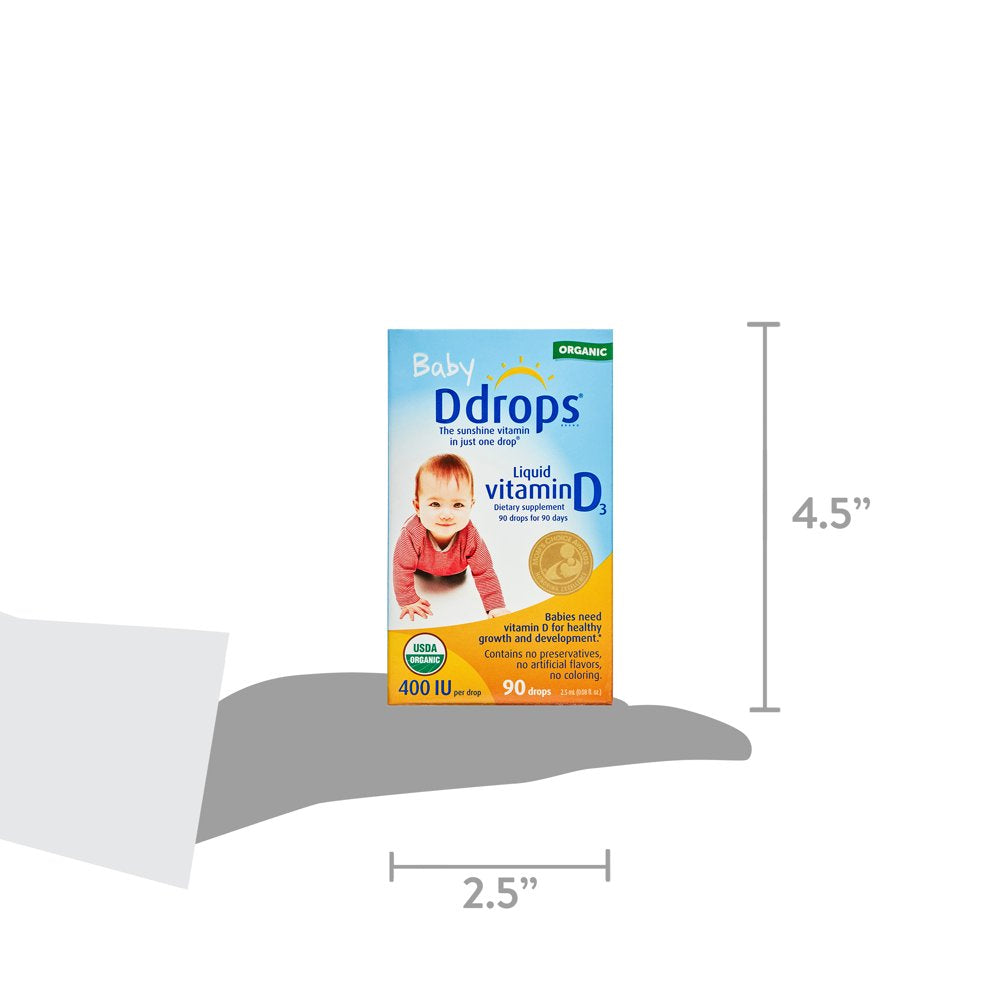 Baby Ddrops Liquid Organic Vitamin D3 Drops, 400 IU per Drop, 90 Drops, 0.08 Fl Oz