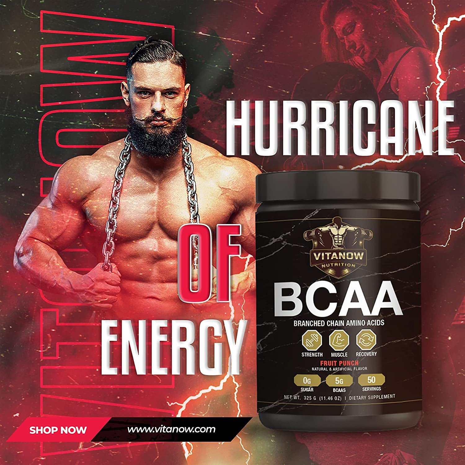 VITANOW NUTRITION BCAA (Branched Chain Amino Acids), Sugar Free, Supports Muscle Building, Vegan Bcaas, 325G, 50 Servings (Fruit Punch)