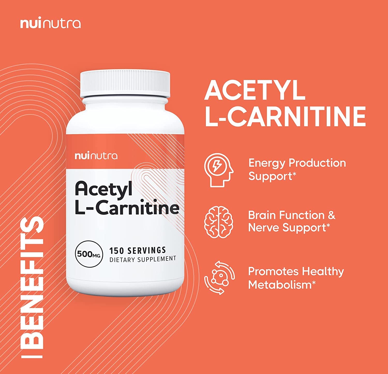 Acetyl L-Carnitine Supplement 500Mg, 150 Capsules - Energy Production and Metabolism Support