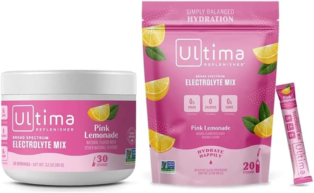 Ultima Replenisher Hydration Electrolyte Powder- Keto & Sugar Free- at Home & on the Go Convenience Bundle- Feel Replenished, Revitalized- Pink Lemonade, 30 Serving Canister & 20 Serving Stickpack​