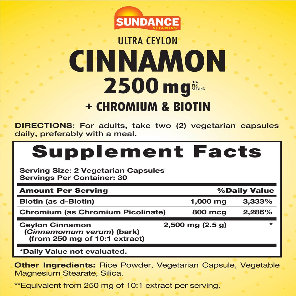Ultra Ceylon Cinnamon 2500Mg | 60 Capsules | with Chromium and Biotin | Vegetarian, Non-Gmo, and Gluten Free Supplement | by Sundance