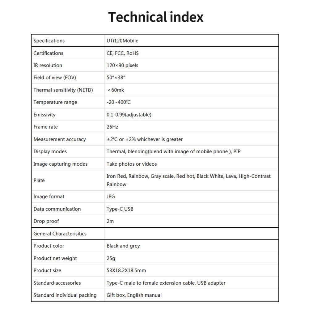 Uti120 Thermal Imager Infrared Thermal Imaging Camera for Adroid IOS Smart Phone