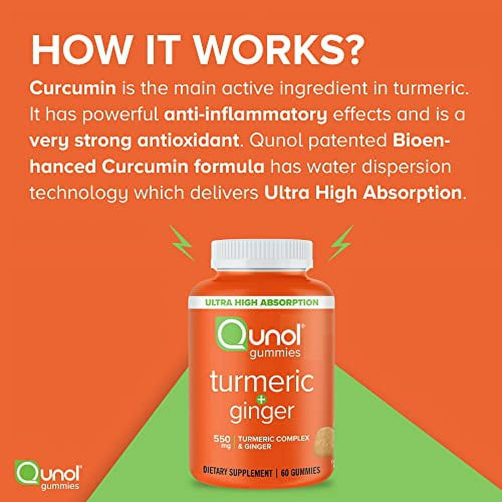 Turmeric and Ginger Gummies, Qunol Gummy with 500Mg Turmeric + 50Mg Ginger, Joint Support Supplement, Vegan, Gluten Free, Ultra High Absorption (60 Count, Pack of 1), Packaging May Vary