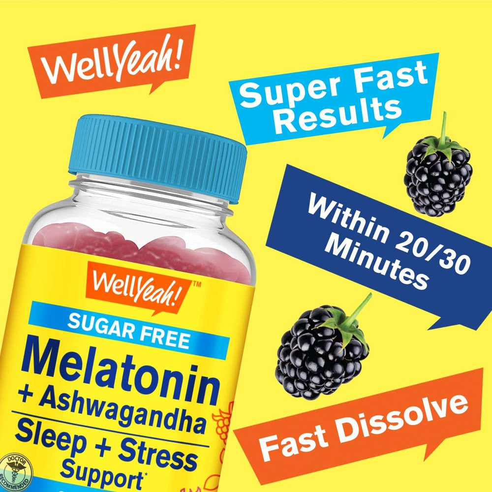 Wellyeah Melatonin (2Mg) with Ashwagandha (850Mg) Sugar Free Gummies - Sleep Aid & Stress Relief Supplement - with Chamomile, Lemon Balm, Lavender, and Valerian - Natural Blackberry Flavor - 60 Count