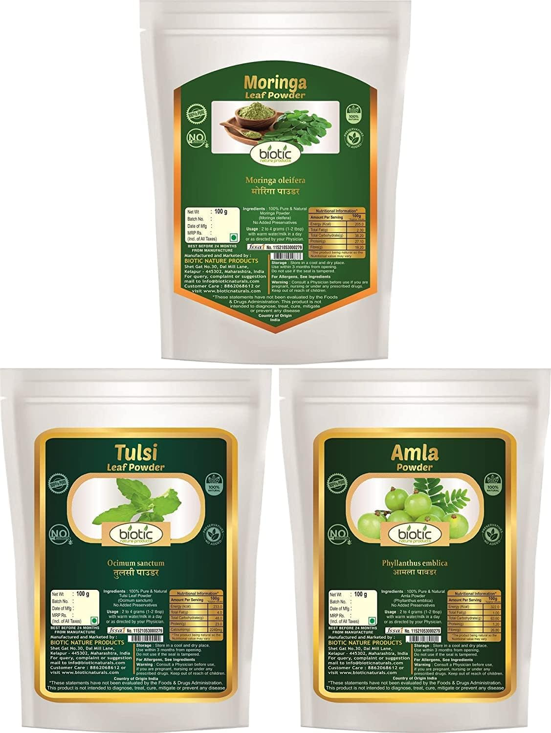 Veena Biotic Natural Moringa Leaf Powder, Tulsi Powder and Amla Powder - 300G (100G Each)