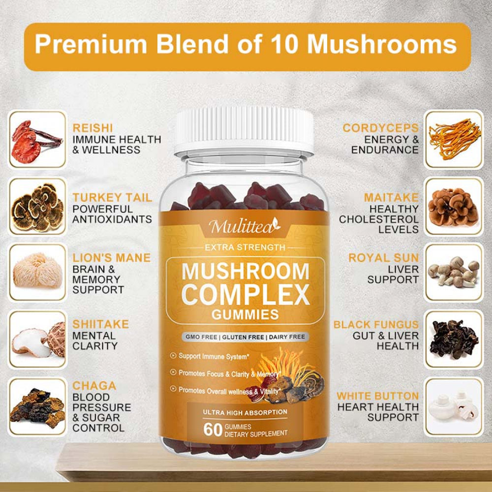 Mulittea Effective Mushroom Complex Gummies Supplement for Men & Women - Brain Booster, Immune Support, Energy - 60 Gummies