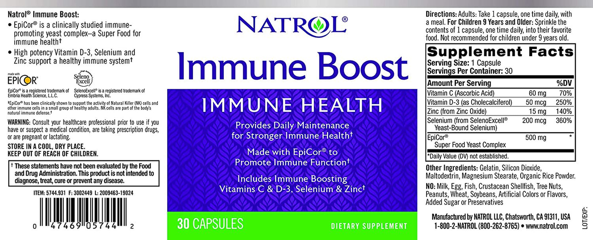 Natrol Immune Boost Capsules, Immune Support, Made with Epicor Clinically Tested, Includes Vitamins C, D3, Selenium and Zinc, 30 Count