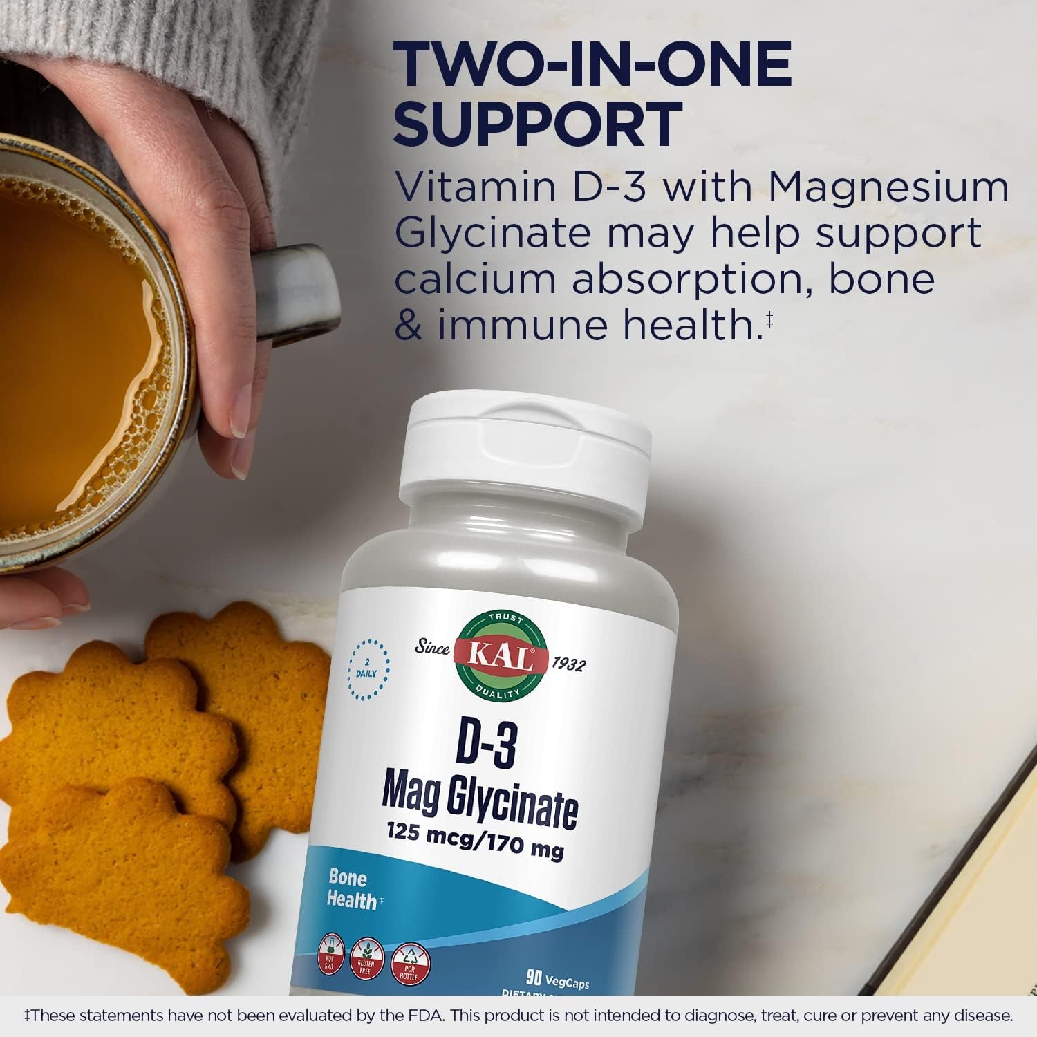 KAL Vitamin D3 & Magnesium Glycinate, Enhanced Absorption Formula with Bioperine, Muscle & Bone Health Support, Immune Support & More, Non-Gmo, Gluten Free, 45 Servings, 90 Vegcaps