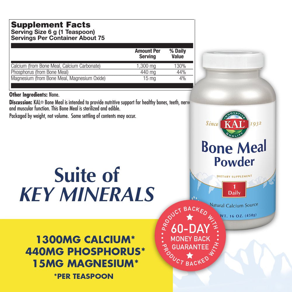 KAL Bone Meal Powder | Sterilized & Edible Supplement Rich in Calcium, Phosphorus, Magnesium | for Bones, Teeth, Nerves, Muscular Function (16Oz)