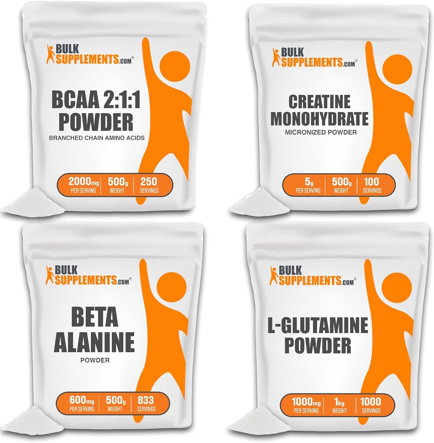 BULKSUPPLEMENTS.COM BCAA 2:1:1 Powder 500G, Creatine Powder 500G, Beta Alanine Powder 500G, & L-Glutamine Powder 1Kg (Pack of 4) Bundle