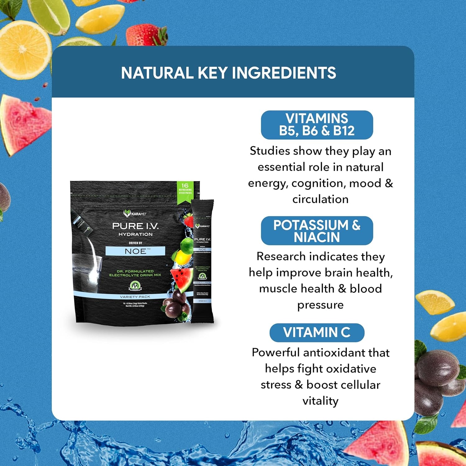 Karamd Pure I.V. - Professionally Formulated Electrolyte 4 Flavor Variety Powder Drink Mix – Refreshing & Delicious Hydrating Packets with Vitamins & Minerals – 4 Flavor Variety - 1 Bag (16 Sticks)