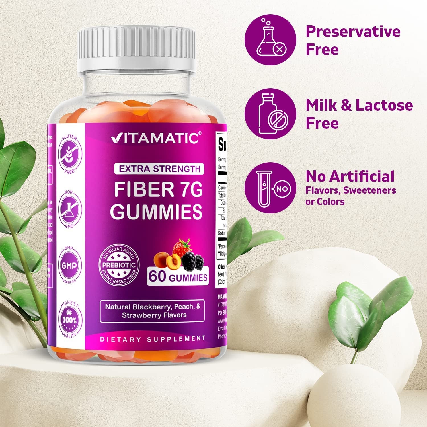 Vitamatic 2 Pack Prebiotic Fiber Gummies for Adults - 7G Fiber Extra Strength - Zero Sugar Added - 60 Pectin Based Gummies - Digestive Health & Regularity Support