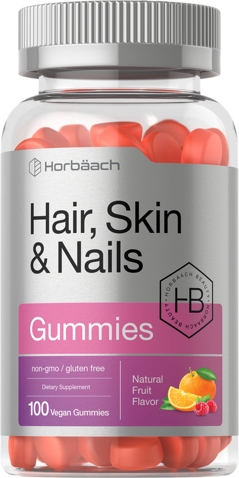 Hair Skin & Nails Vitamins | 100 Gummies | Natural Fruit Flavor | by Horbaach