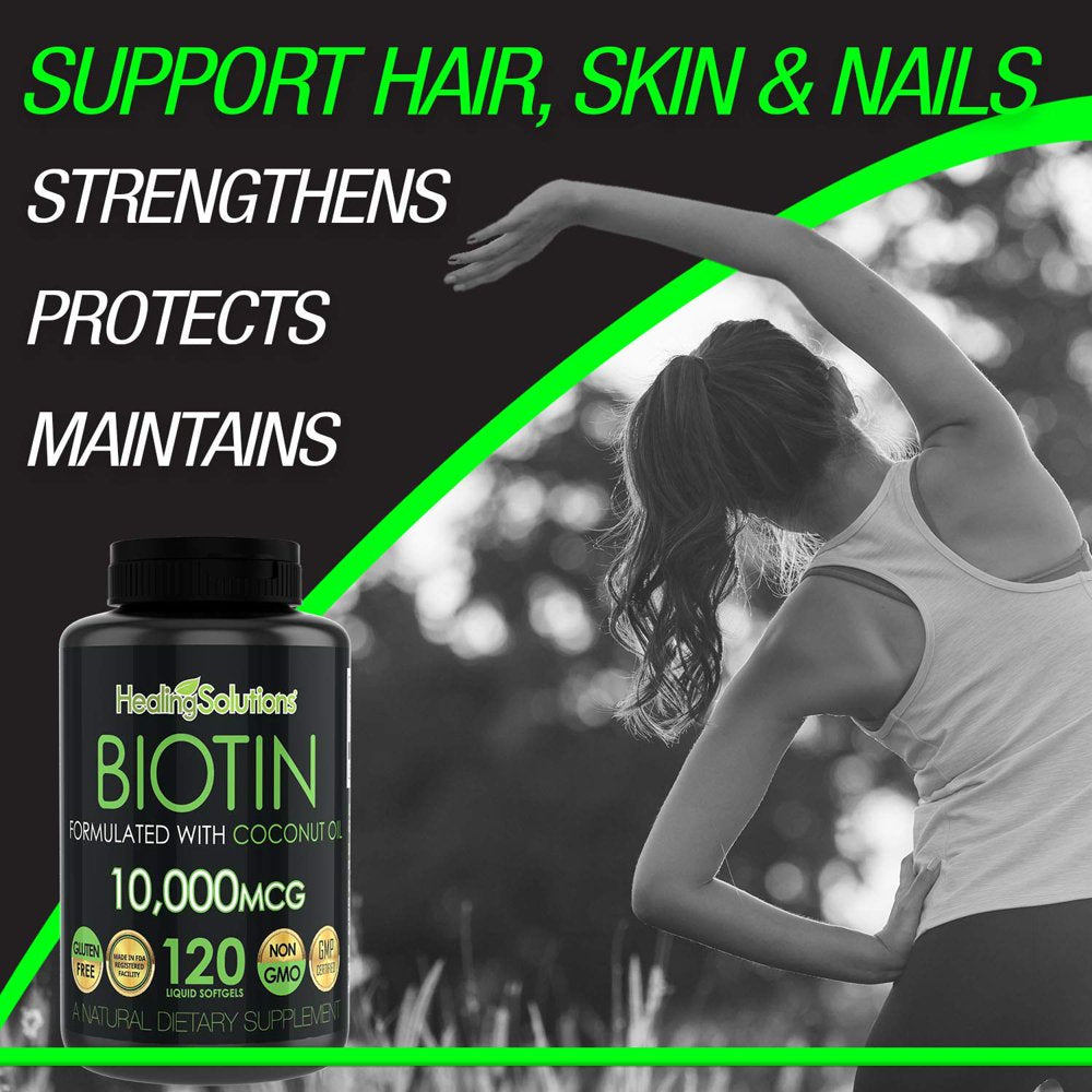 Biotin 10,000Mcg (Vitamin B7-120 Pills) Hair Growth Vitamins with Coconut Oil – Perfect Nail Skin Softgels Biotin Supplement for Women and Men - Incredibly High Potency Capsules