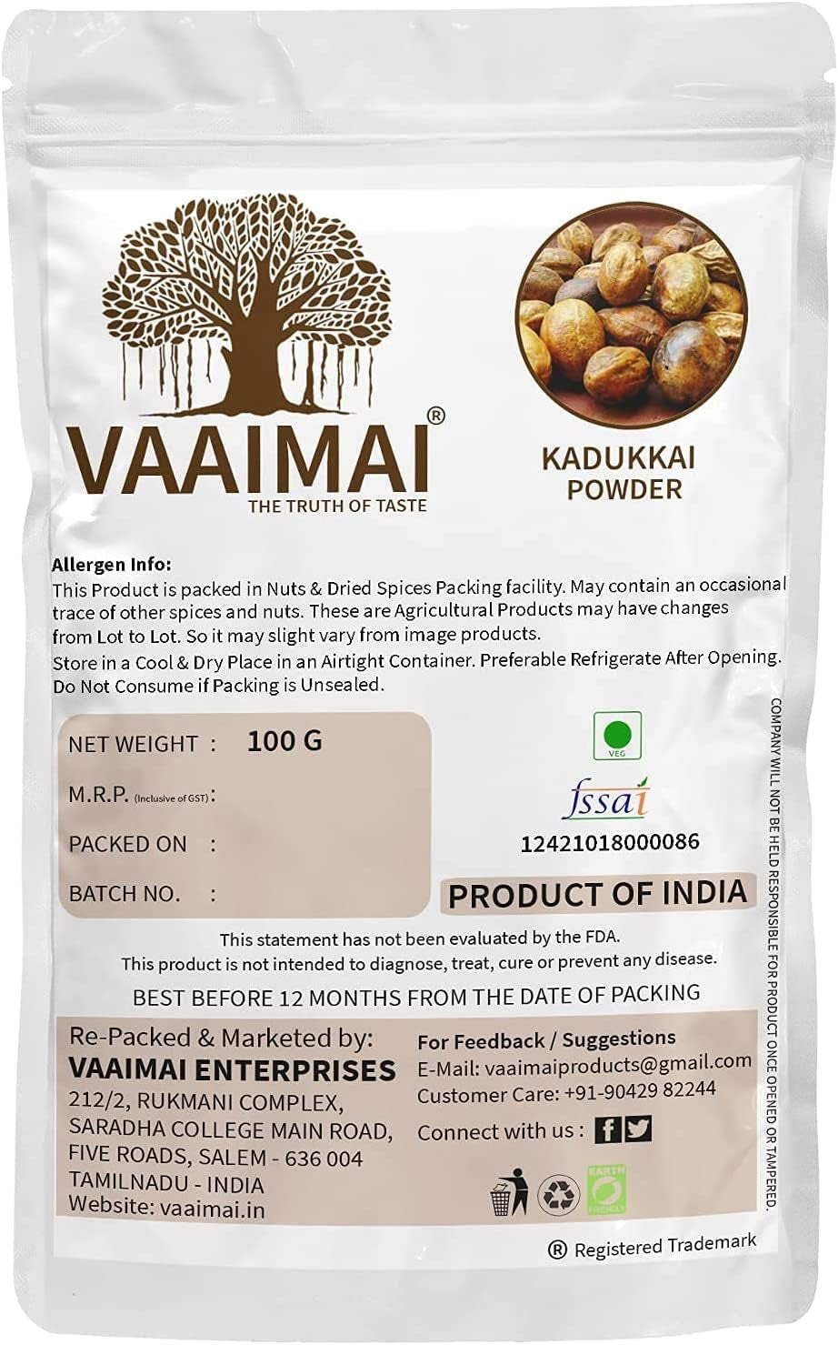 VAAIMAI Kadukkai Powder/Haritaki/Terminalia Chebula, 100G