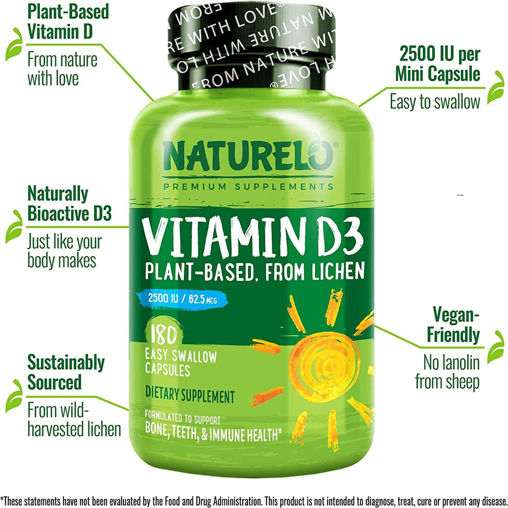 NATURELO Vitamin D3 - 2500 IU - Plant Based from Lichen - Natural Vegan D3 Supplement for Immune System, Bone Support, Joint Health - Non-Gmo - Gluten Free - 180 Mini Capsules