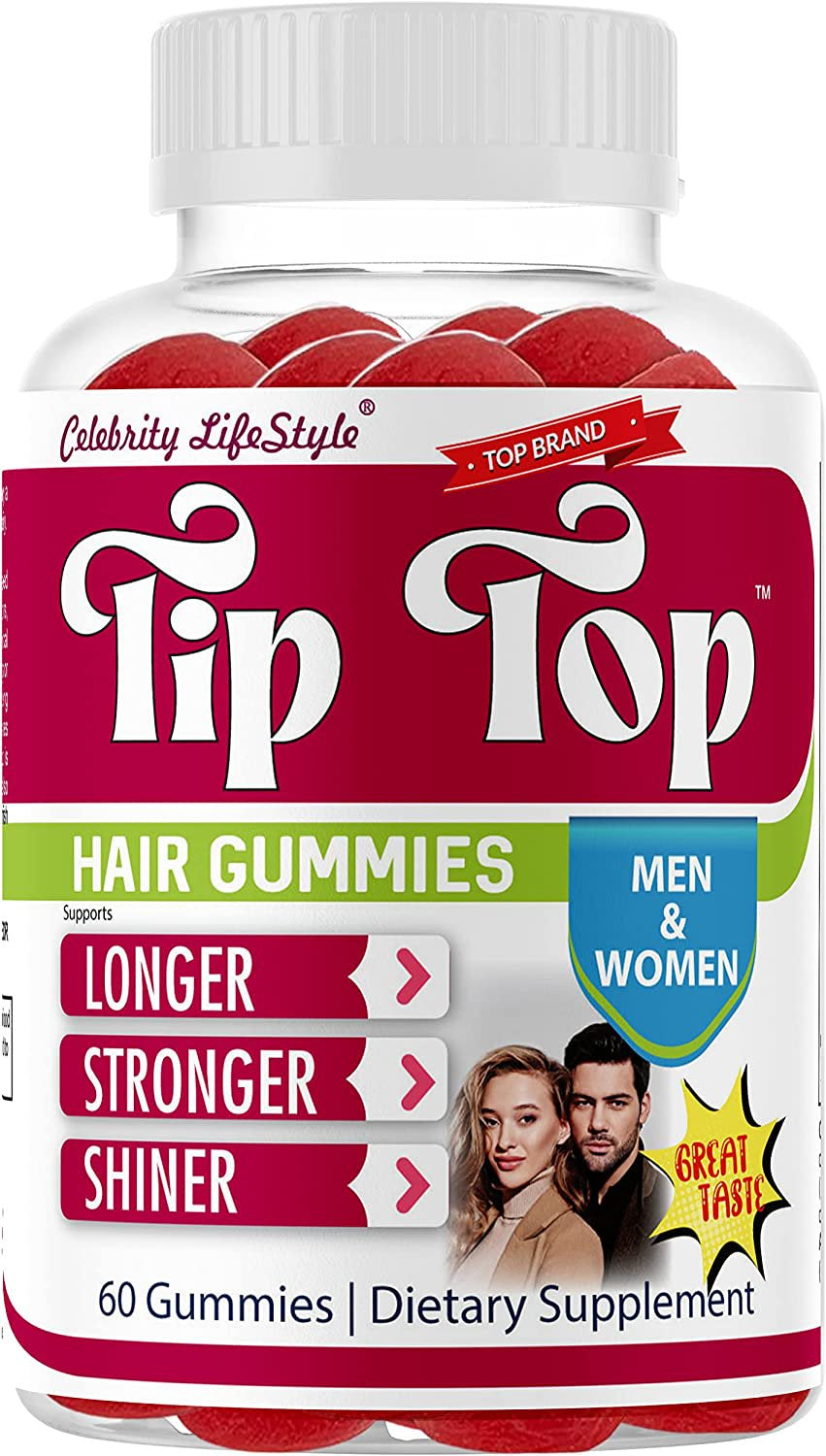 Tiptop Hair Vitamins Gummies with Biotin, Vitamin E & C Support Hair Growth Gummy, Premium Vegetarian Non-Gmo, for Stronger, Beautiful Hair, Skin & Nails 60 Ct