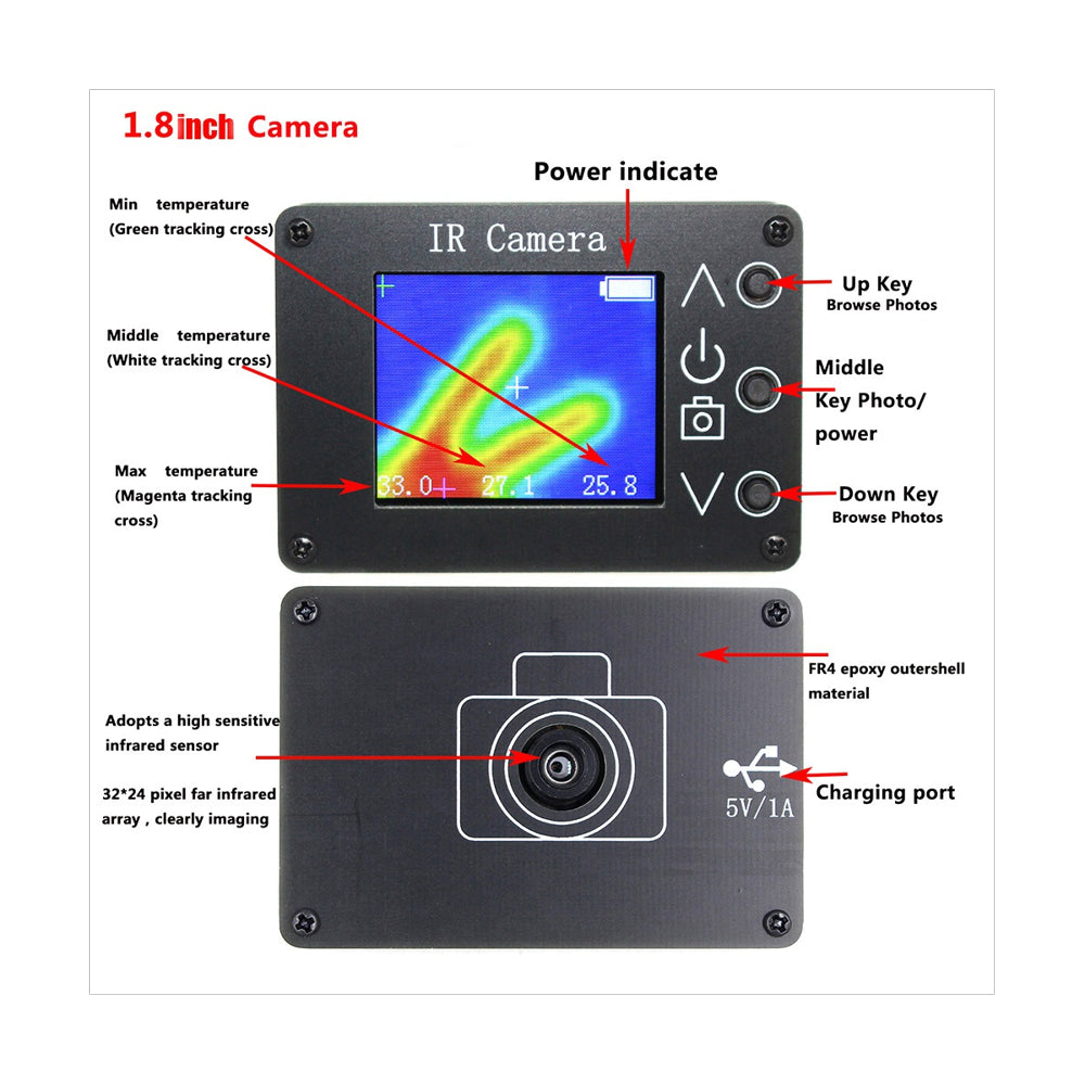 Trjgtas MLX90640 1.8 Inch Infrared Thermal Imager TFT Screen LCD Display Thermal Imaging Camera Handheld Temperature Sensor Tool