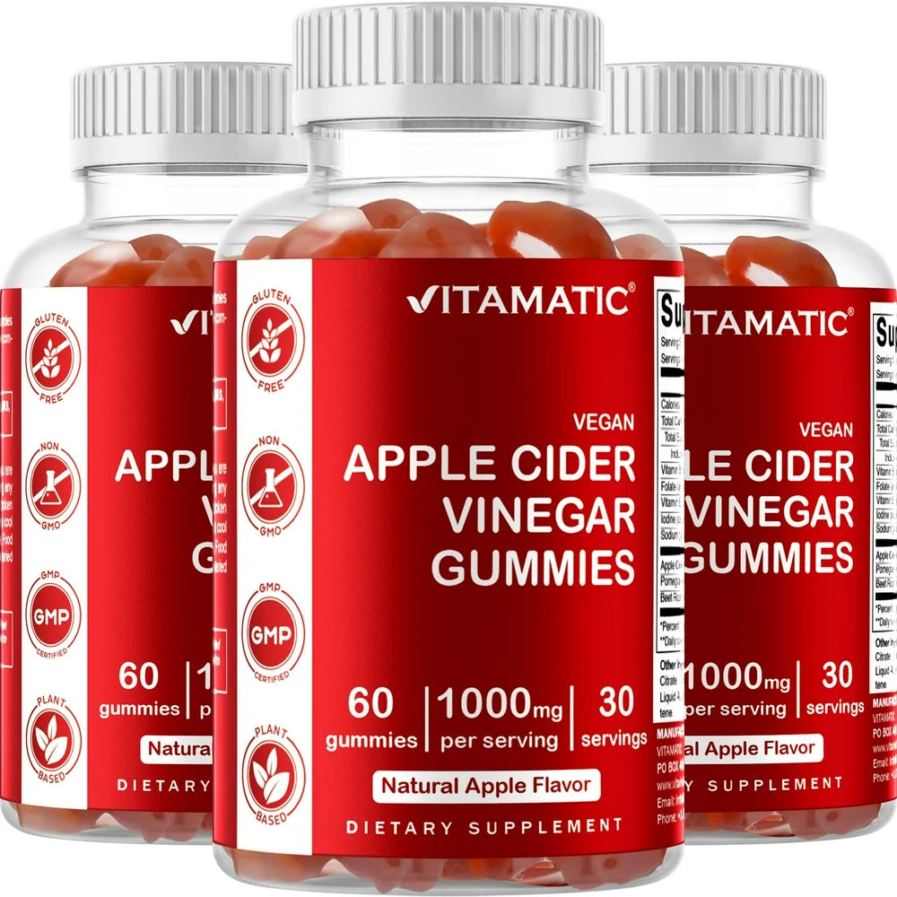 3 Pack - Vitamatic Apple Cider Vinegar Gummies - 1000Mg per Serving - 60 Vegan Gummies - ACV Gummies for Detox, Weight Loss Support, Energy Boost, Digestion & Gut Health (Total 180 Count)