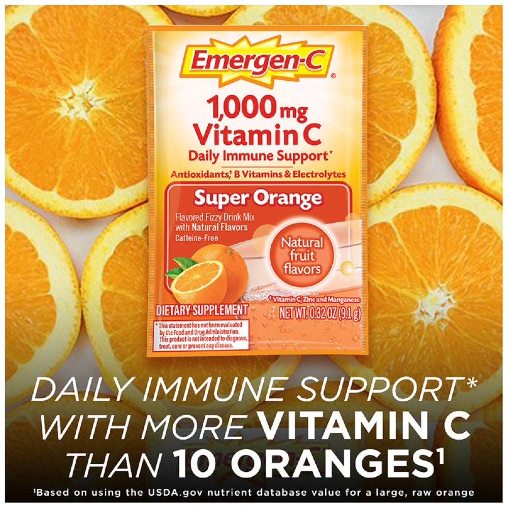 Emergen-C 1000Mg Vitamin C Powder, with Antioxidants, B Vitamins and Electrolytes for Immune Support, Caffeine Free Vitamin C Supplement Fizzy Drink Mix, Super Orange Flavor - 10 Count