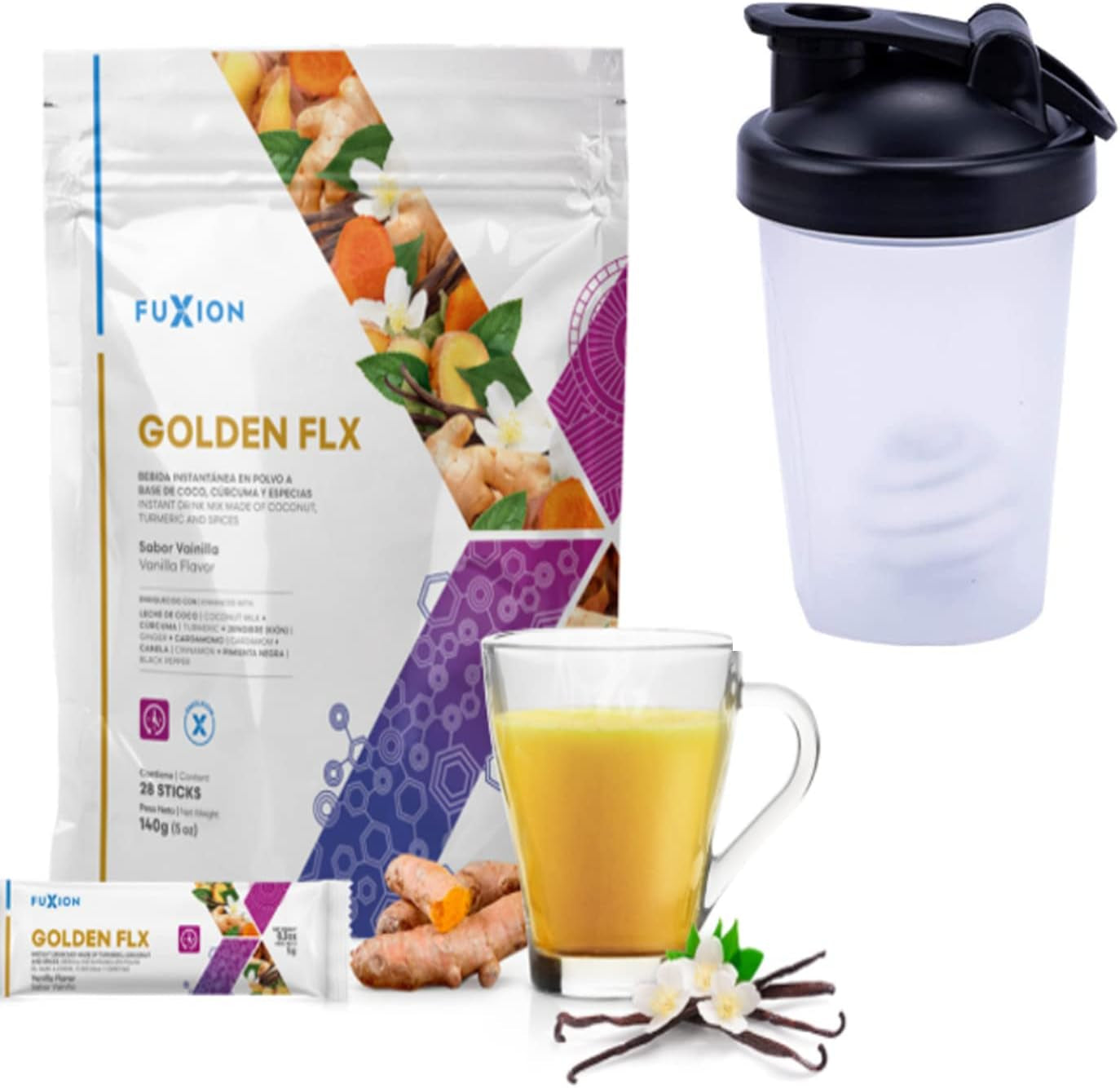 Fuxion Goden Flx-Contribute to Improve the Flexibility & Mobility of Joints Help Control Oxidative Processes,Organic Coconut Oil Included.,Vanilla Flavor W. Shaker Bottle 1 4.9384 Ounce