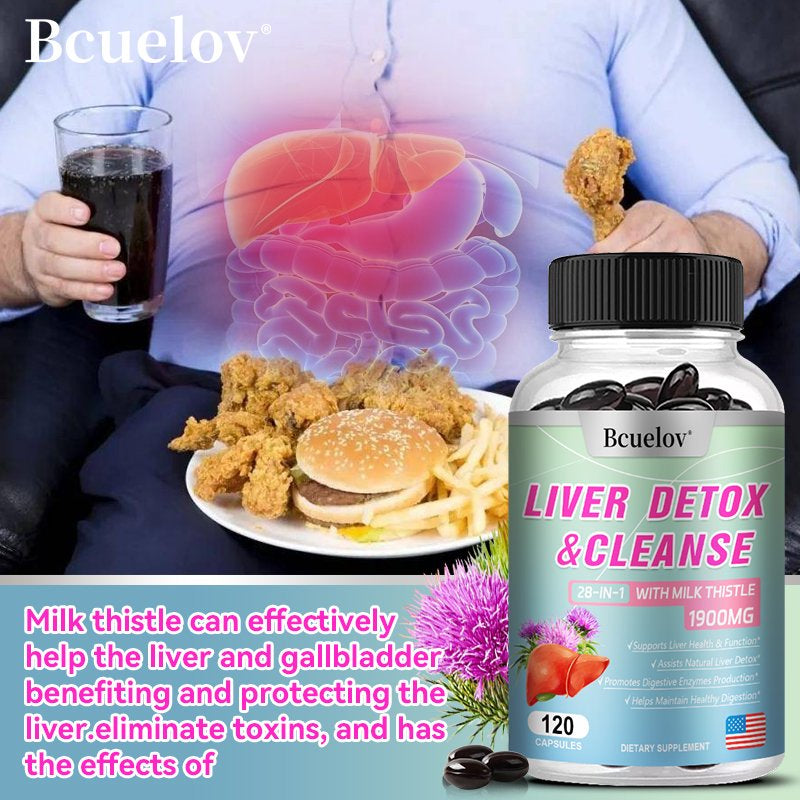 Bcuelov 28-In-1 Liver Cleanse Detox & Repair Fatty Liver Formula - Milk Thistle, Artichoke Extract, Dandelion & Apple Cider Vinegar - Liver Health Supplement Support Capsules