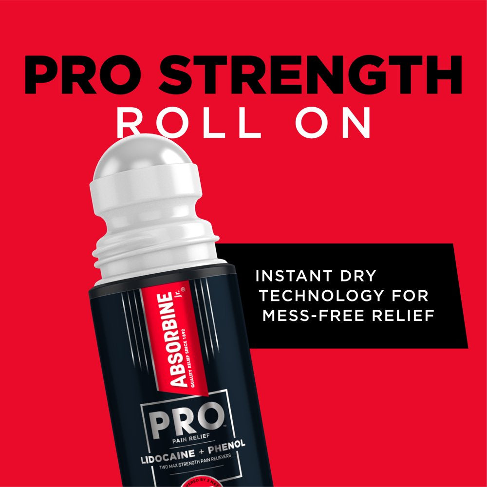 Absorbine Jr. Pro No-Mess Lidocaine Roll-On, Maximum Strength Numbing Pain Relief with Phenol for Fast-Acting Relief of Nerve Pain, Muscle Aches, and Joint Discomfort, 2.5 Oz.