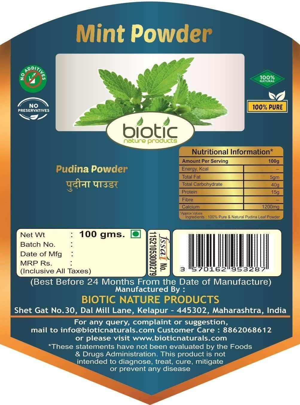 Biotic Mint Powder - Pudina Leaf Powder - Pudina Leaves Powder - Fresh Mint Leaf Powder - 100G