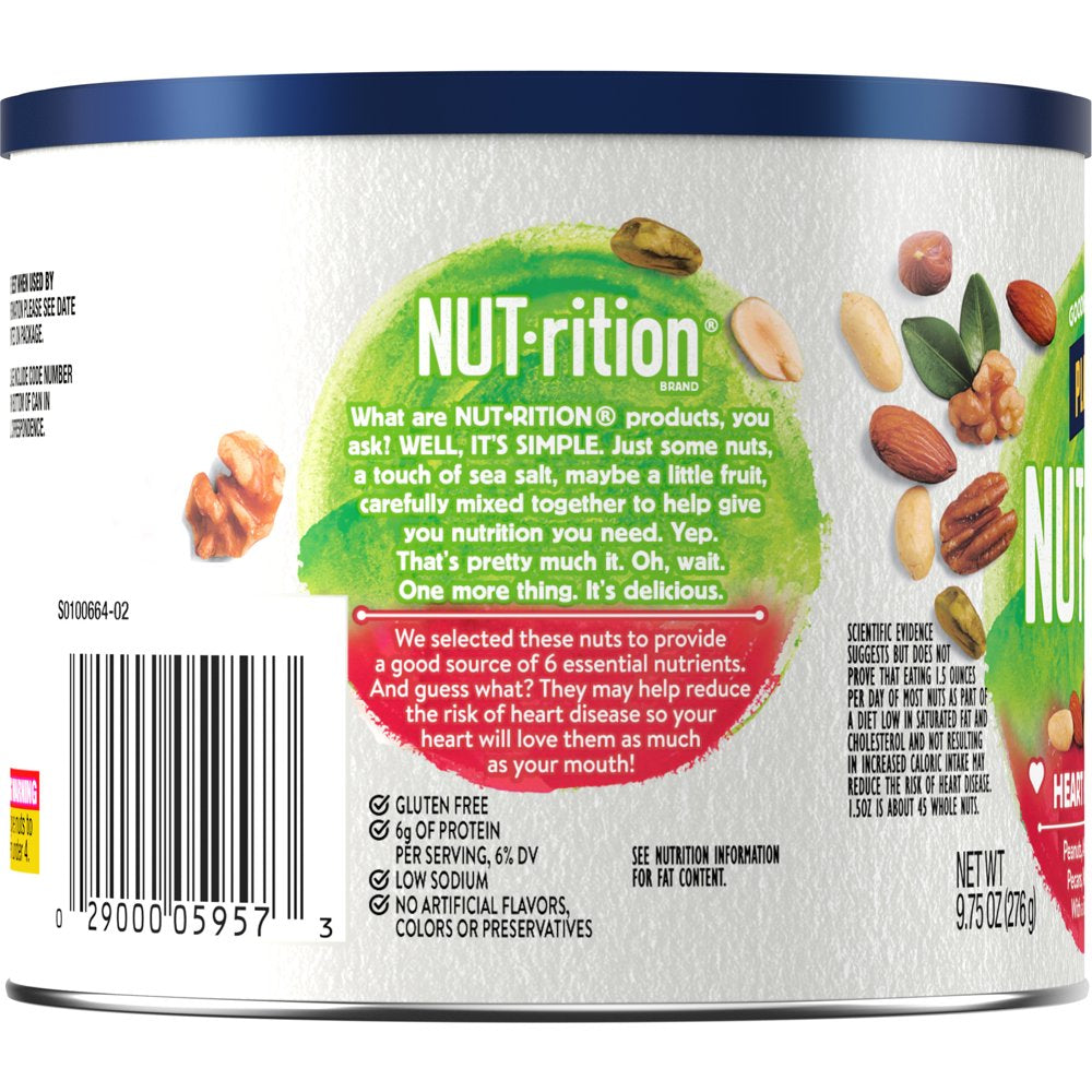 NUT-RITION Heart Healthy Nut Mix with Peanuts, Almonds, Pistachios, Pecans, Walnuts, Hazelnuts Sea Salt, 9.75 Oz Canister