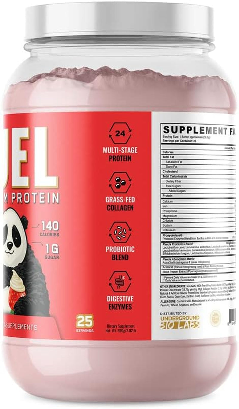 Underground Bio Labs Panda Fuel Premium Protein Non-Gmo Whey,Hydrolyzed Collagen,Casein,Probiotics,Digestive Enzymes, Keto Friendly,Time Release, 25 Servings (Strawberries & Cream)