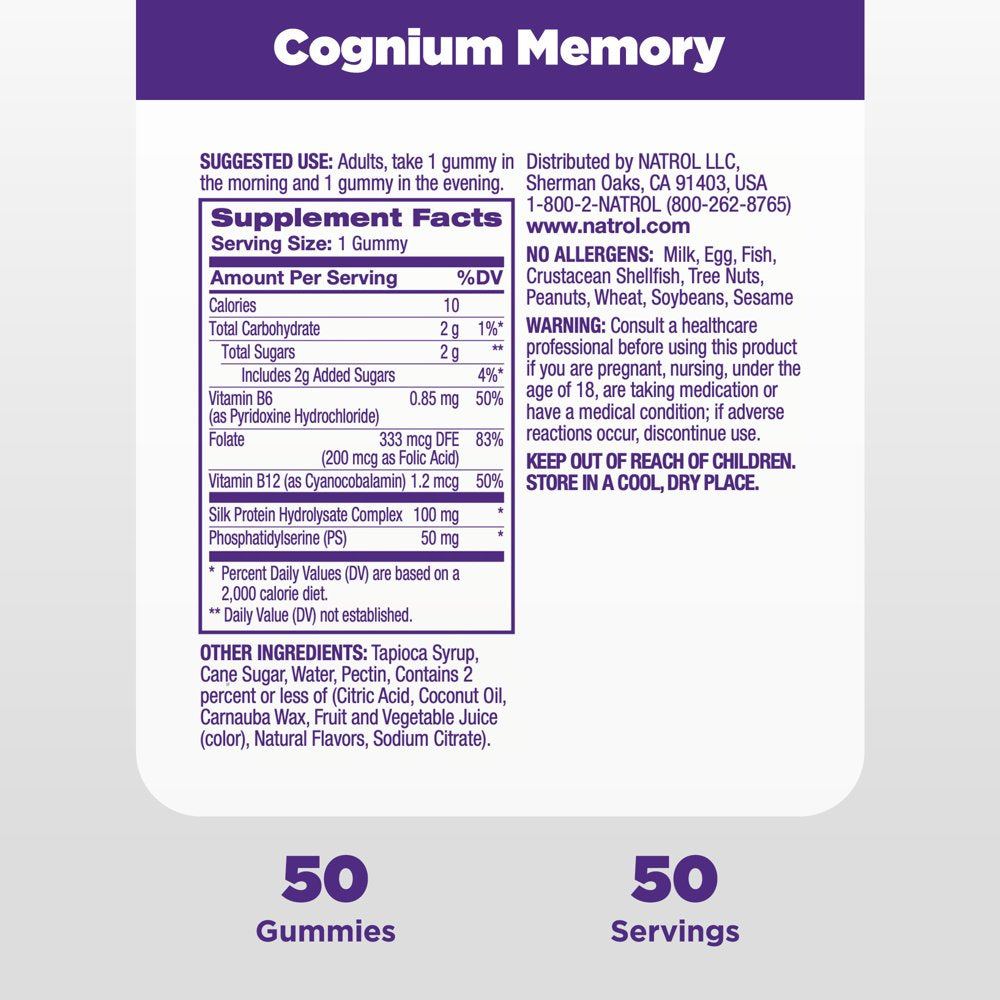 Natrol Cognium Complete Gummies, Brain Health Support, Fruit Punch Flavor, 100Mg, 50 Ct