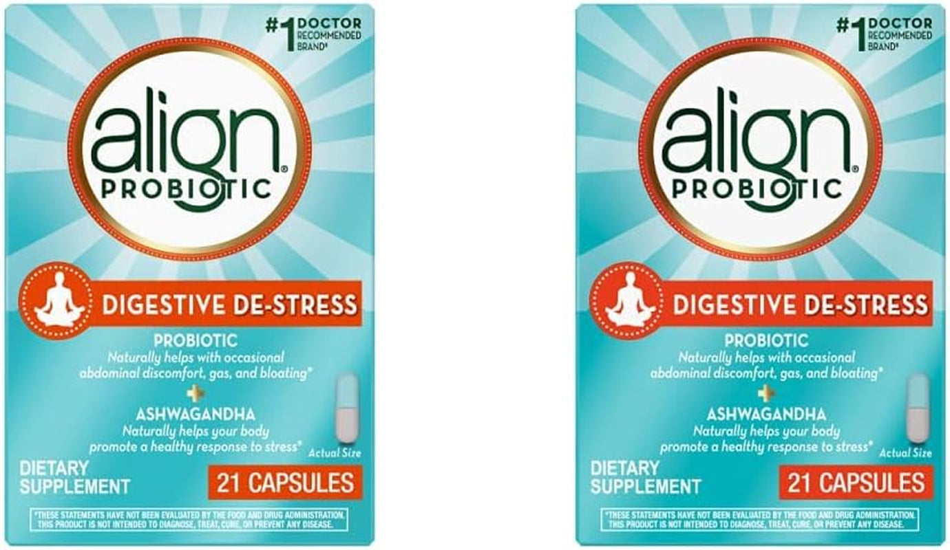 Align Probiotic, Digestive De-Stress, Probiotic for Women and Men with Ashwagandha, Helps with a Healthy Response to Stress, Gluten Free, Soy Free, Vegetarian, 21 Capsules (Pack of 2)