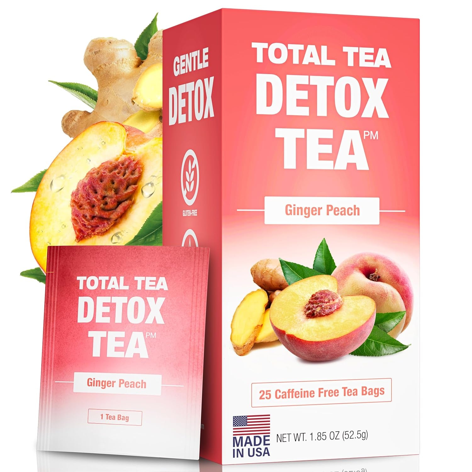 Total Tea Siimming Detox Tea Caffeine Free - 25 Day Detox Tea - Herbal Siim Tea with Chamomile, Hibiscus Tea & Ginger Root for Colon Cleanse – Natural Herbal Ginger & Peach Tea for Digestive Health