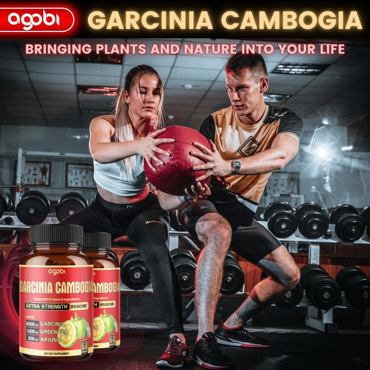 6In1 Garcinia Cambogia Extract Capsules 4 Months - 20:1 Extract 8550Mg with Organic Green Tea, Arjuna, Garlic Bulb, Turmeric & Black Pepper - Balace Body, Mood & Immune Support - 2 Packs 60 Counts