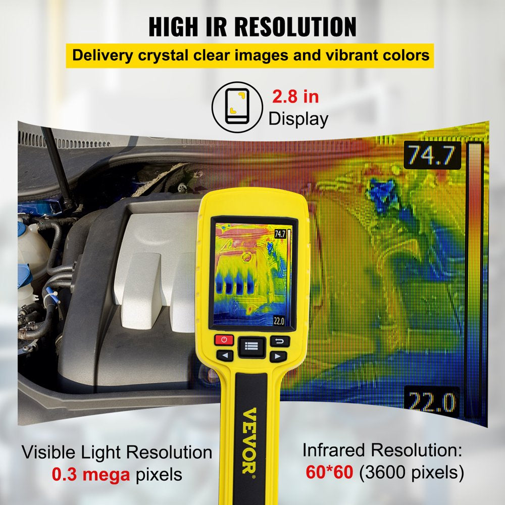 VEVOR Thermal Imaging Camera, 60X60 (3600 Pixels) IR Resolution Infrared Camera with 2.8" Color Display Screen, Built-In SD Card and Li-Ion Battery, for HVAC, Electrical System Automatic Detect