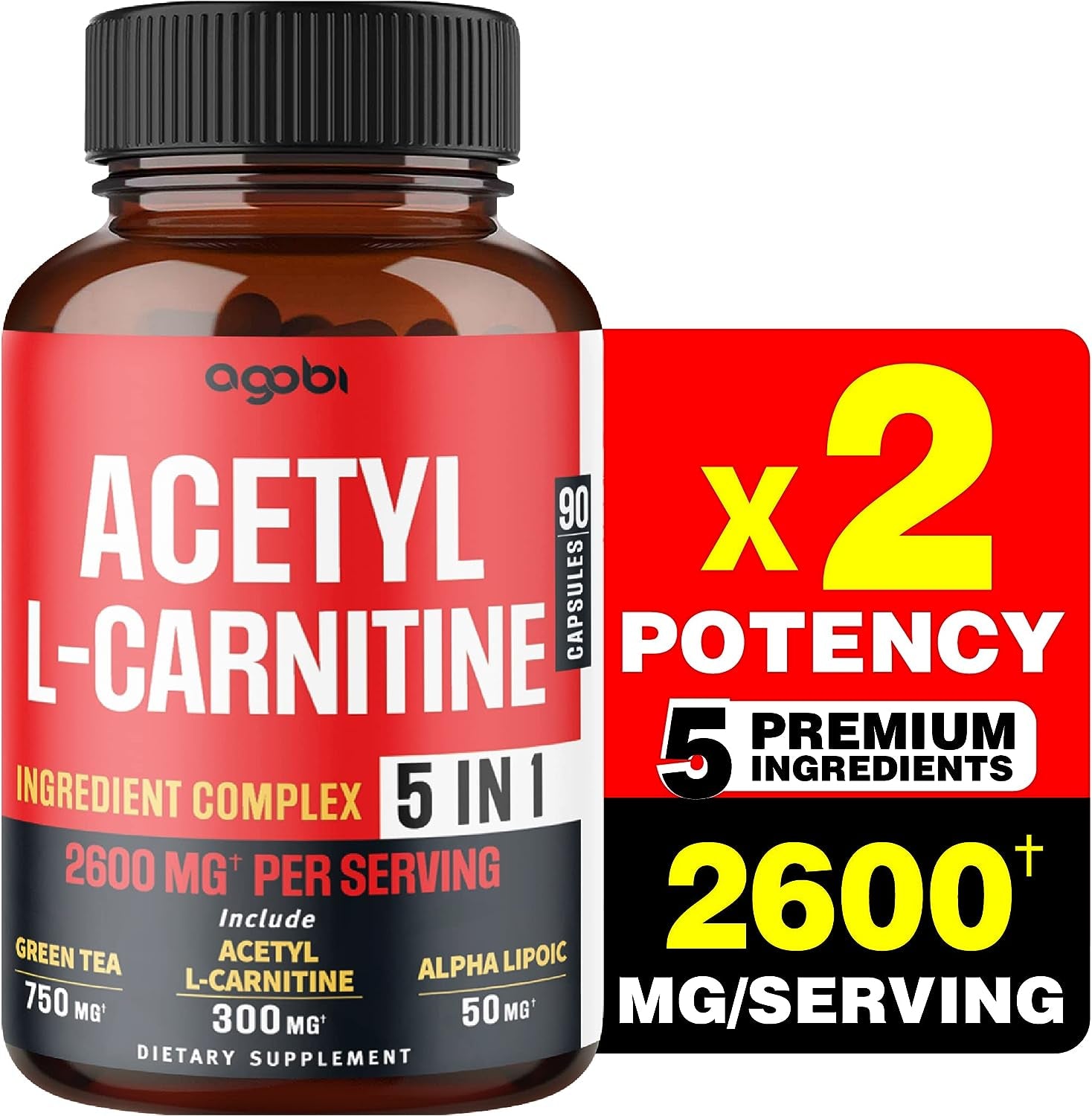 Acetyl L-Carnitine Supplement - 2600Mg 3 Months - Blended with Alpha Lipoic Acid, Green Tea, Green Coffee Bean & Raspberry Ketones - Memory & Brain Health Support, Non-Gmo - 90 Vegan Capsules