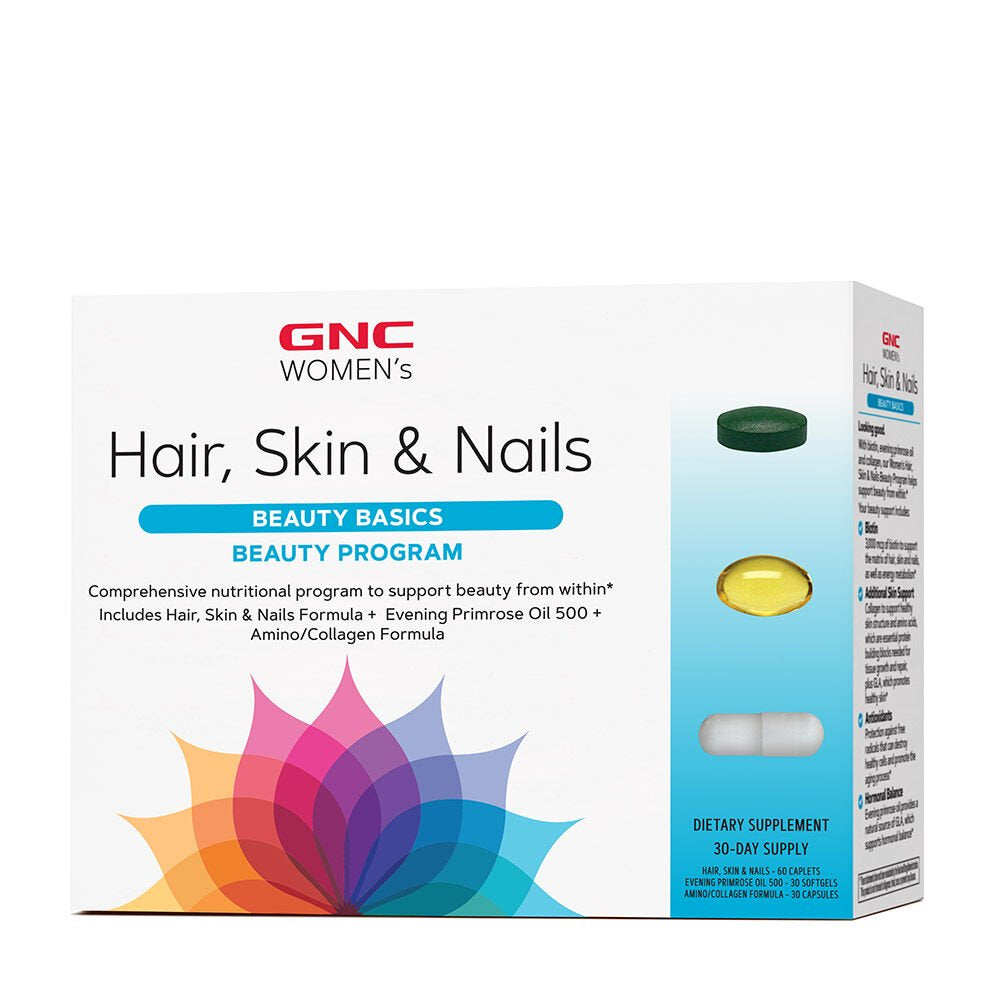 GNC Hair, Skin, & Nails Beauty Program, 30-Day Supply, 3-Part Kit Featuring 3000 Mcg Biotin, Vitamins, Minerals, Omegas, and Collagen