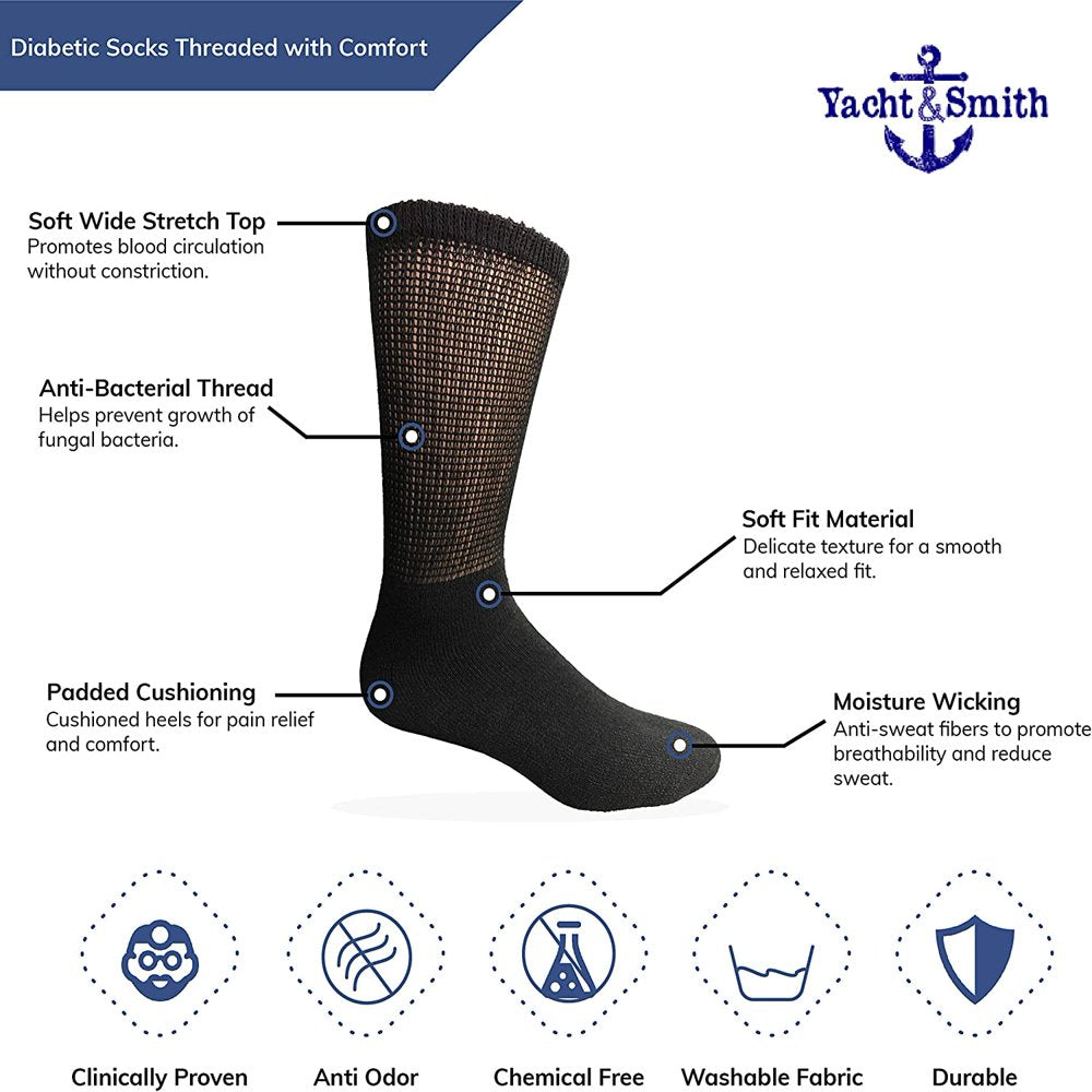 Yacht & Smith King Size Cotton Diabetic Crew & Ankle Socks, Loose Fit Top Non-Binding Medical Socks