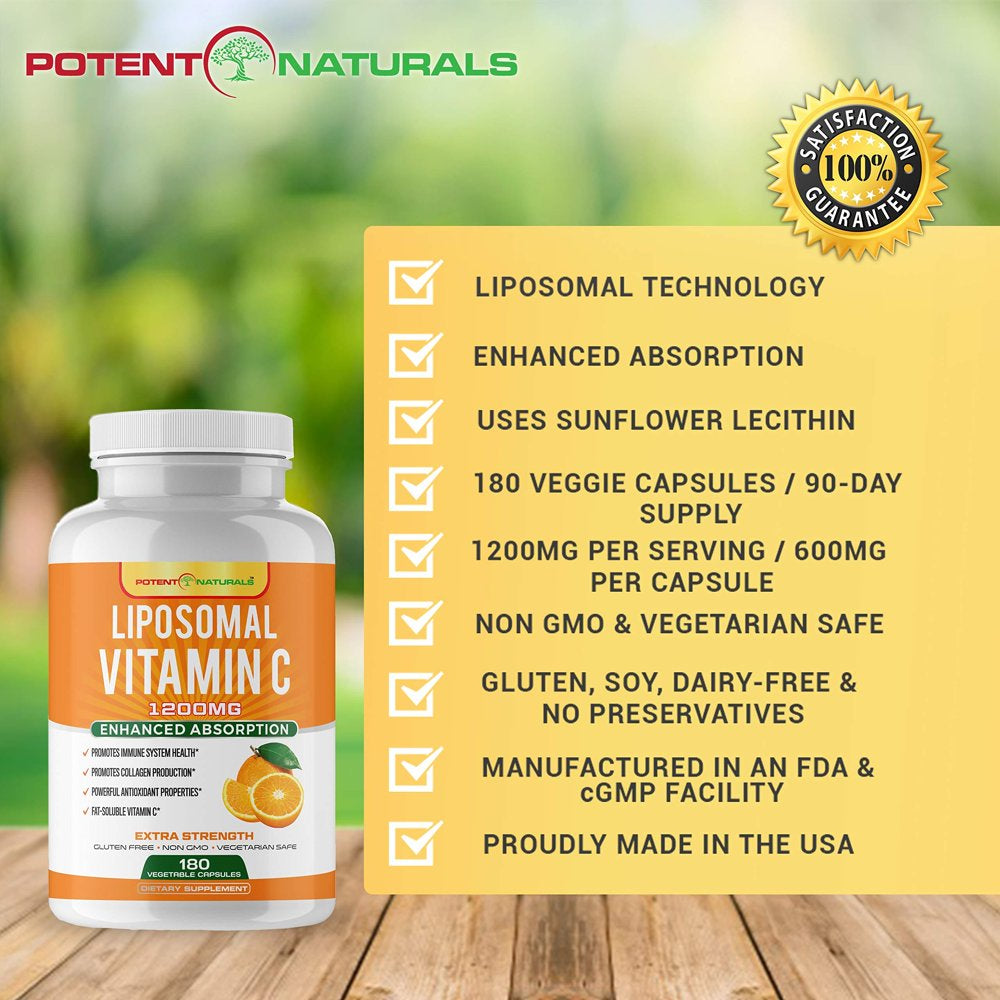 Liposomal Vitamin C 1200Mg - 180 Capsules - High Absorption, Fat Soluble Vitamin C, Supports Immune System, Powerful Antioxidant - Collagen Booster, anti Aging Skin Supplement, Lypo Spheric, Vegan