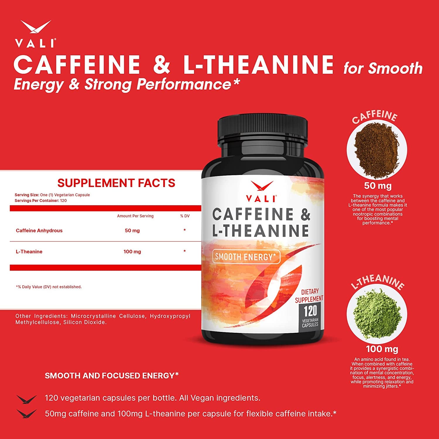 VALI Caffeine & L-Theanine Neuro Force Time Release Caffeine Bundle - Smart Smooth Focused Nootropic and Brain Booster for Focus, Memory, Clarity and Slow Release for Extended Energy