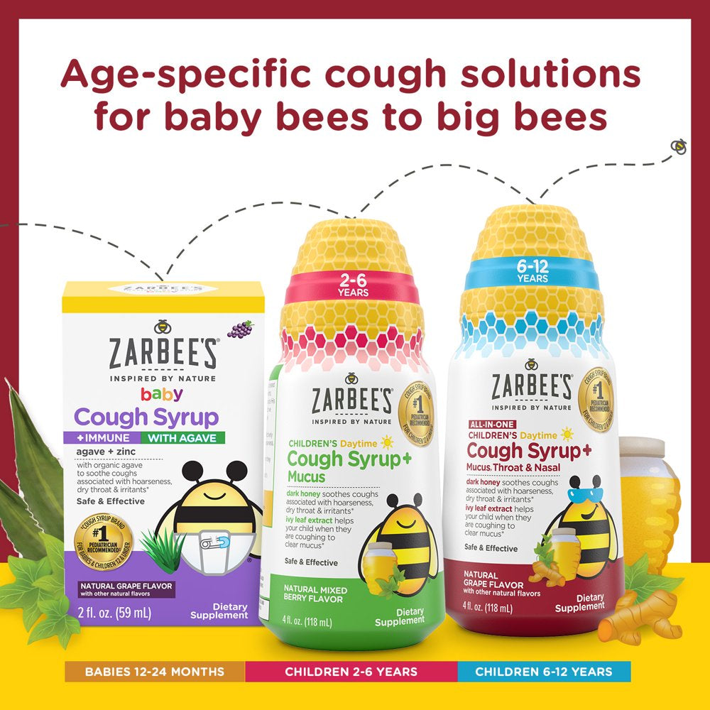 Zarbee’S Kids All-In-One Nighttime Cough, Age 6-12, Honey, Turmeric, B3,6,12 & Zinc, Grape, 4FL Oz