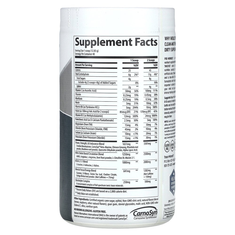 Trace Minerals | Clean Pre Workout Supplement | Carbohydrates I Powder,Raspberry Lemonade,18.1 Fl Oz